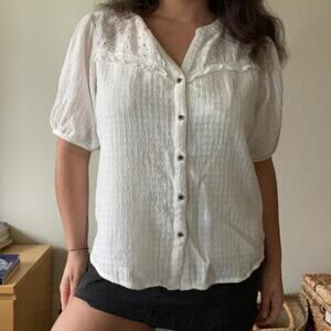 White cotton boho prairie top cottage fairy puff sleeve | size L